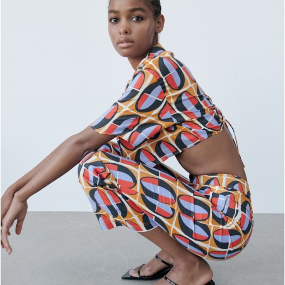 Zara Straight Cut Printed Pants Ocher S - Picture 3 of 8